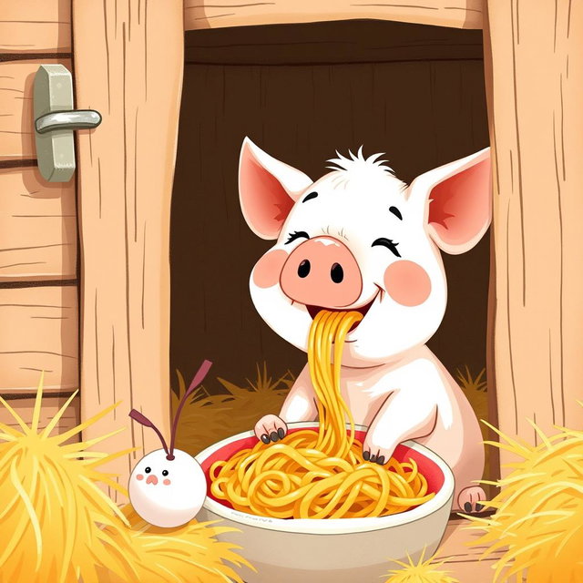 A cute little pig is happily eating noodles in its cozy pen