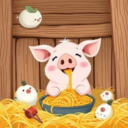 A cute little pig is happily eating noodles in its cozy pen