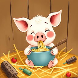 A cute little pig is enjoying a bowl of noodles in its cozy pigpen