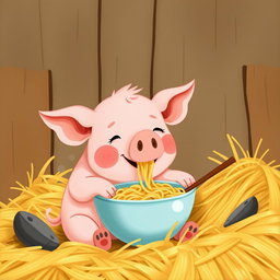 A cute little pig is enjoying a bowl of noodles in its cozy pigpen