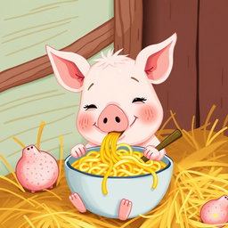 A cute little pig is enjoying a bowl of noodles in its cozy pigpen
