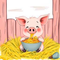 A cute little pig is enjoying a bowl of noodles in its cozy pigpen