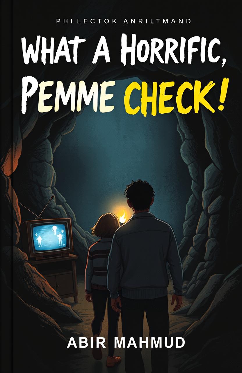 The cover for the book titled 'What A Horrific Place, Lemme CHECK!' by Abir Mahmud, depicting a mysterious cave entrance
