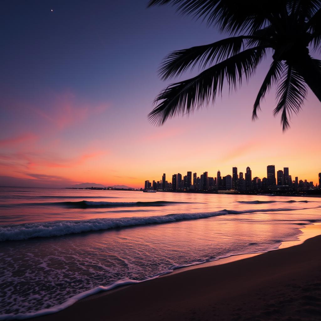 A beautifully blended photograph featuring a scenic sunset over a tranquil beach with gentle waves rolling onto the shore, accompanied by a lively city skyline silhouetted against the evening sky