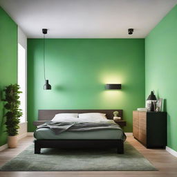 A room with light green walls, complemented by dark green furniture, and adorned with LED lights along the walls.