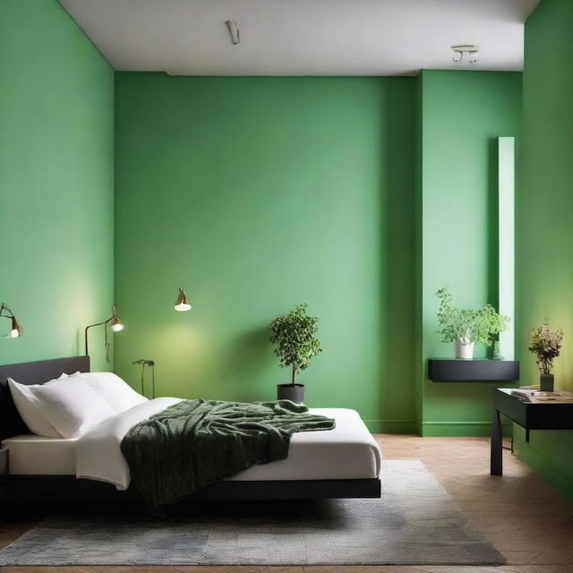 A room with light green walls, complemented by dark green furniture, and adorned with LED lights along the walls.