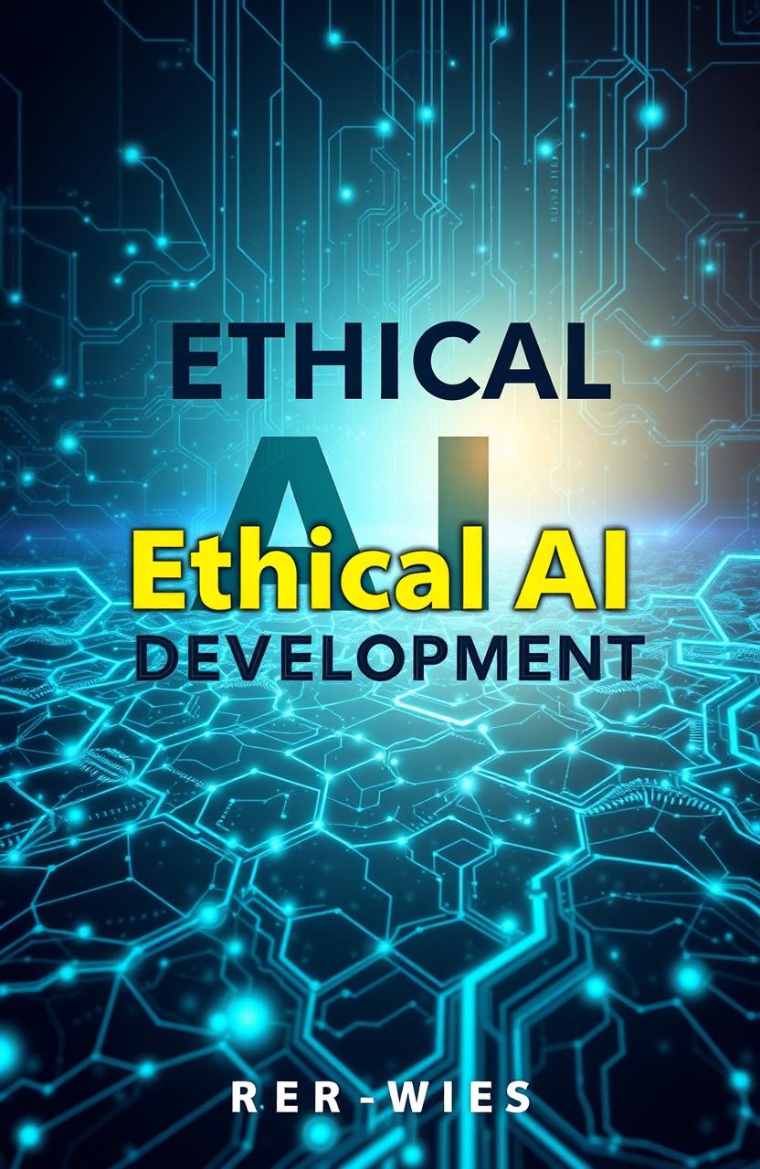 A futuristic eBook cover design featuring the title 'Ethical AI Development' in bold, modern typography