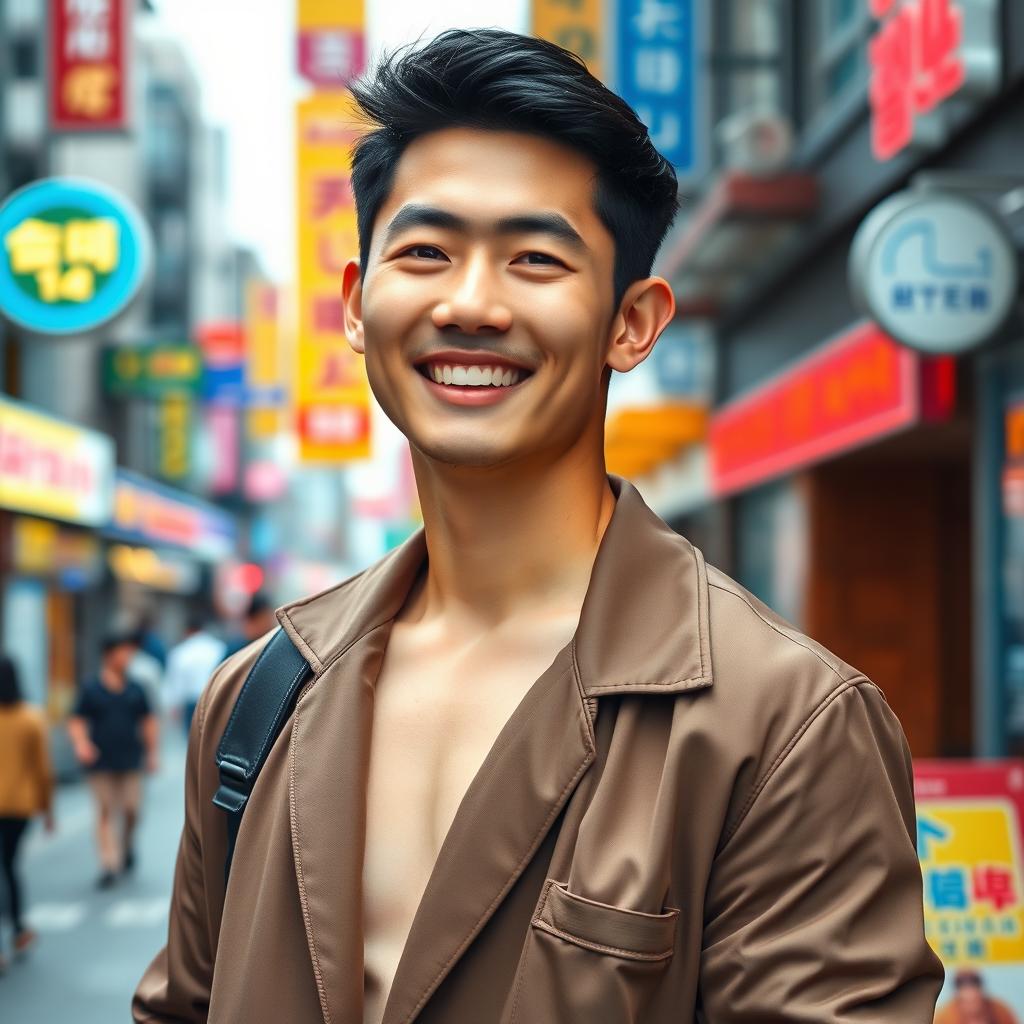 A full-body portrait of a 32-year-old Korean man, showcasing a confident and charismatic pose