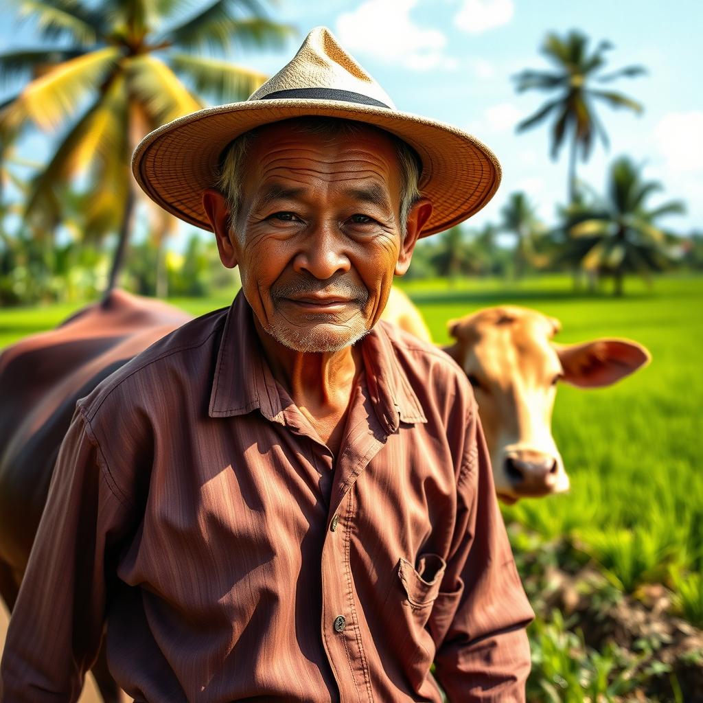 A 50-year-old Thai man leading a cow through a picturesque rural setting