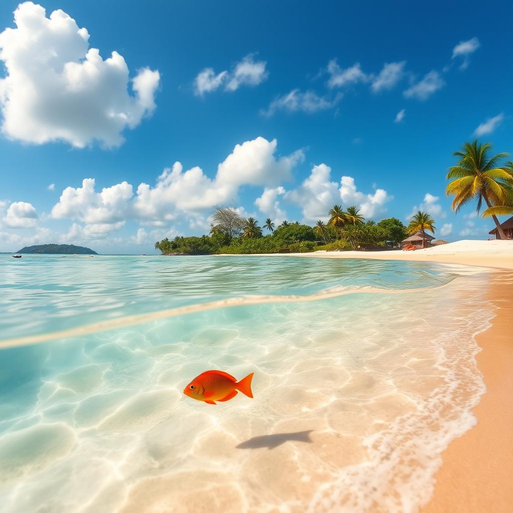 A serene beach scene with crystal clear water gently lapping against the shore, vibrant tropical fish swimming just beneath the surface, and a bright blue sky dotted with fluffy white clouds