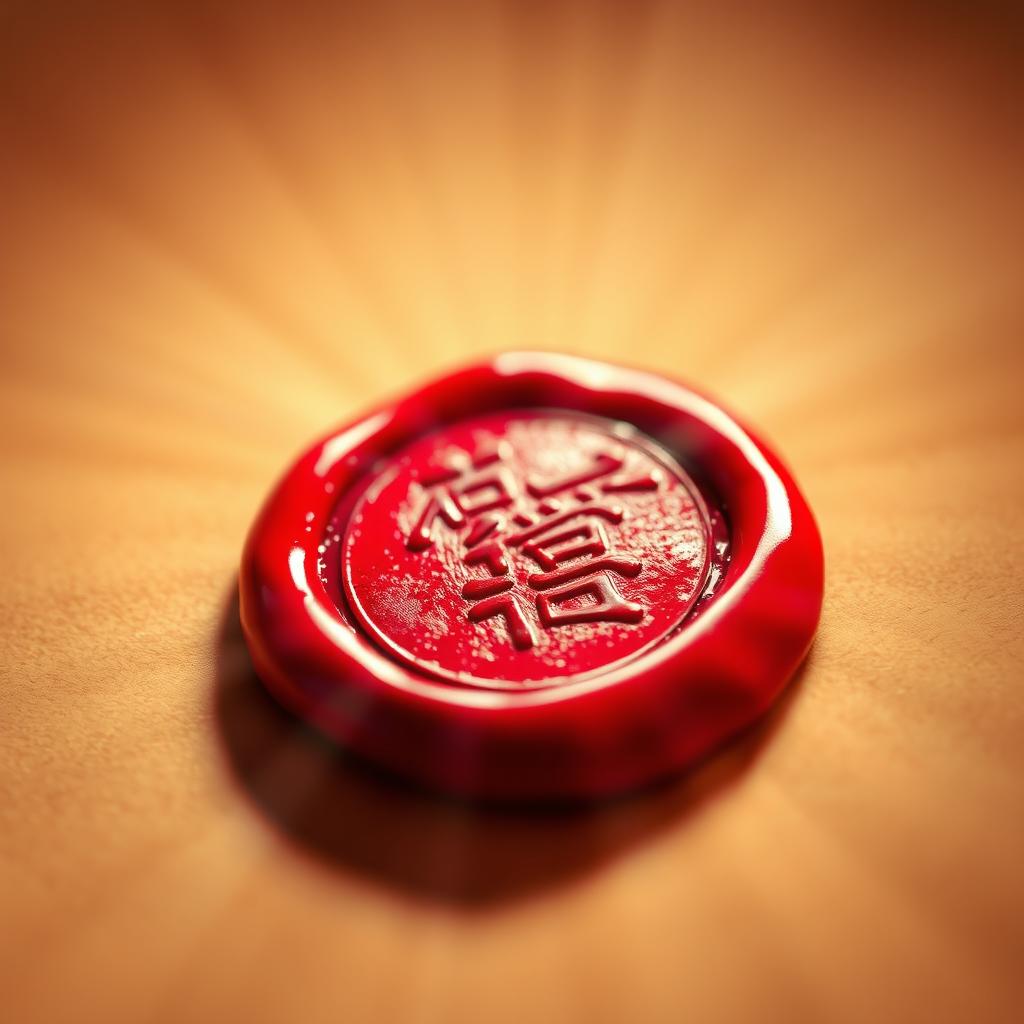 A striking red wax seal stamp, vividly detailed and glistening with a rich, glossy finish