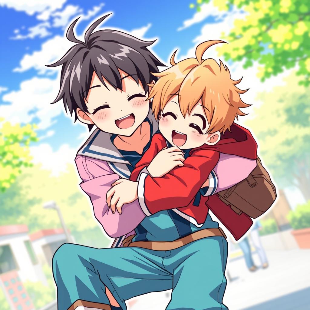 A vibrant anime-style illustration depicting a boy with slightly black blonde hair, playfully holding a shorter boy with brown blonde hair from the waist