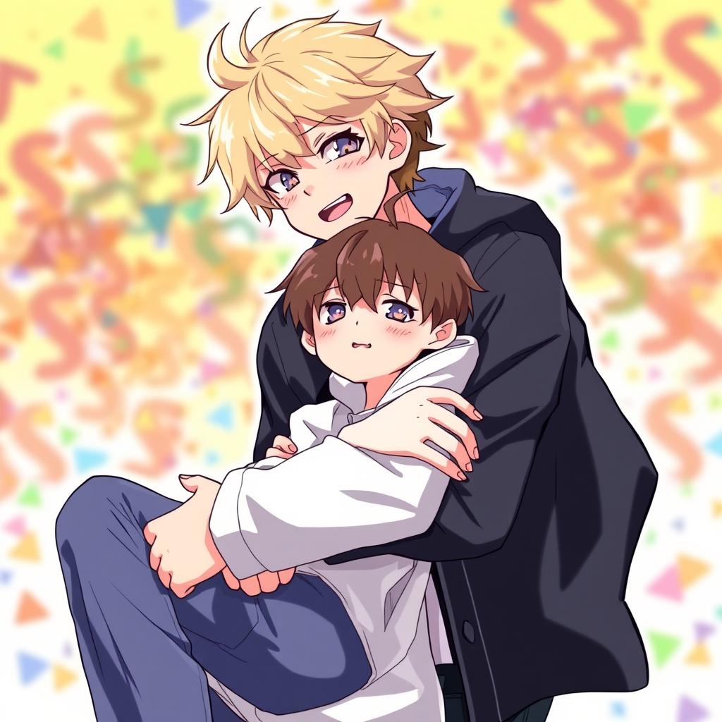 A captivating anime scene featuring two young adult males aged 20-21 in a stylishly illustrated setting