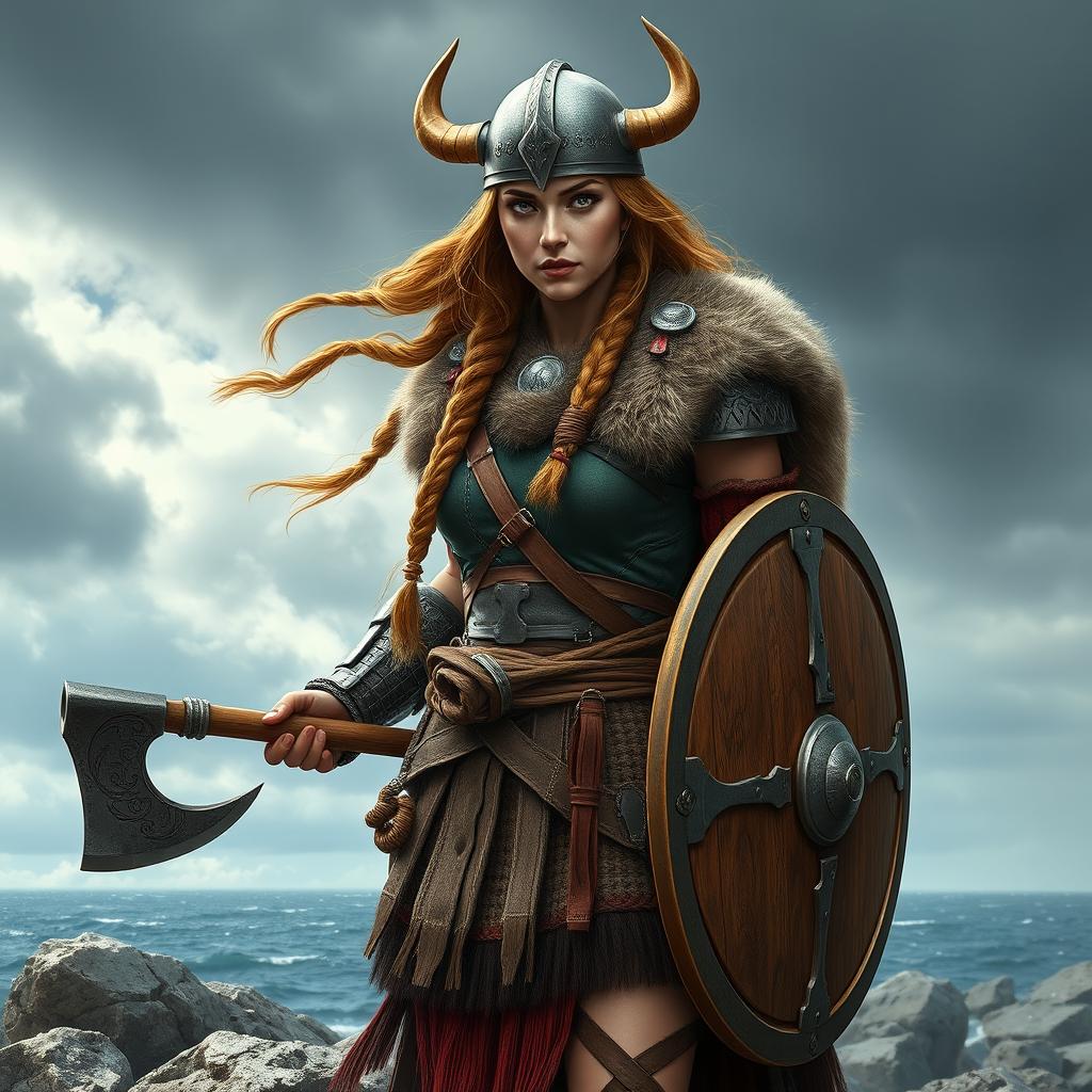 A realistic female Viking warrior, adorned in traditional Viking armor and clothing, complete with intricate details such as fur trim, a horned helmet, and carrying a sturdy shield and axe