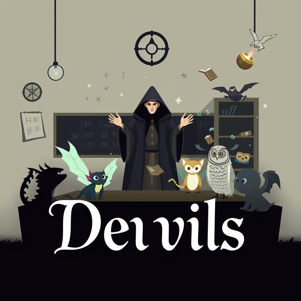 A minimalist book cover design for a fantasy novel titled 'Devils', depicting a classroom scene within a magic school