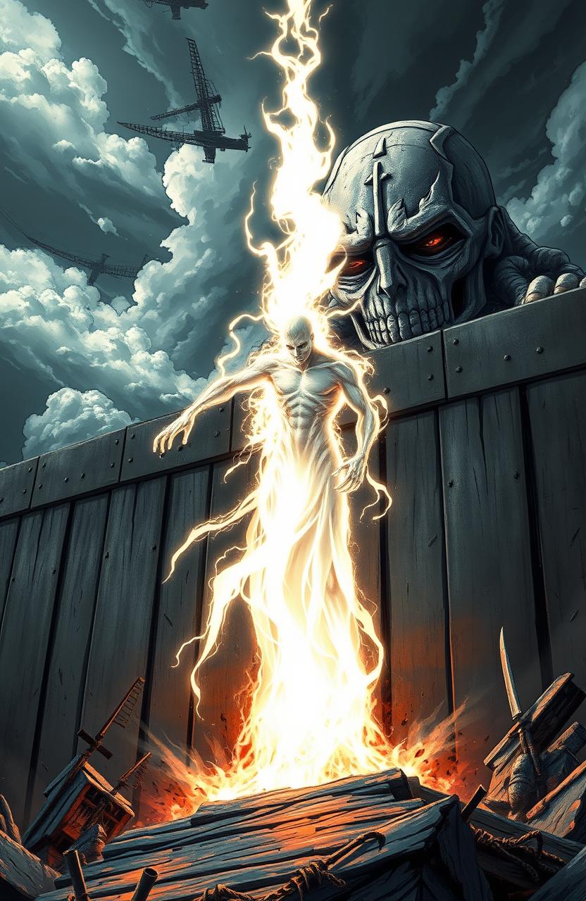 A dramatic book cover showing a six-foot tall spectre of pure energy, glowing and ethereal, standing in a powerful pose