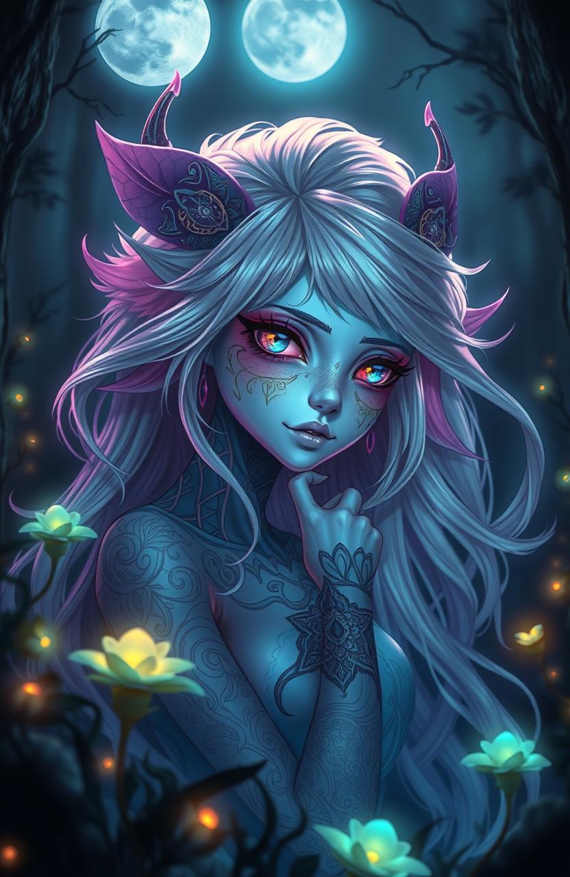 A stunning, high-definition portrait of an intricate character named HadioEffi, featuring a fantastical and ethereal creature with flowing silver hair and luminescent skin