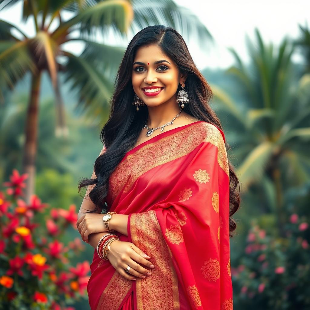 A stunning South Indian woman elegantly dressed in a beautiful saree that drapes gracefully around her curvy figure, accentuating her 34-inch body shape