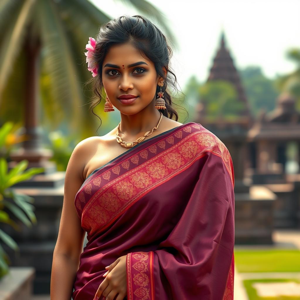 A stunning South Indian woman, exuding confidence and grace, is elegantly dressed in a traditional saree that beautifully drapes her hourglass figure