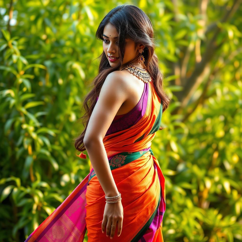 A stunning South Indian woman with a muscular hourglass body, gracefully draped in a vibrant saree