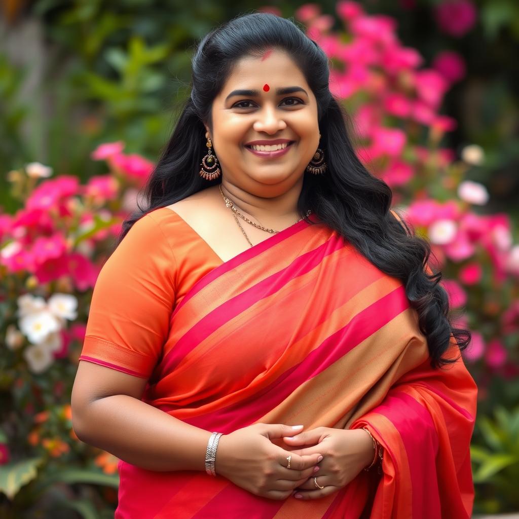 A mature South Indian woman with a chubby, curvy body, exuding confidence and elegance