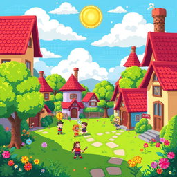 A vibrant pixel art scene featuring a whimsical fantasy village