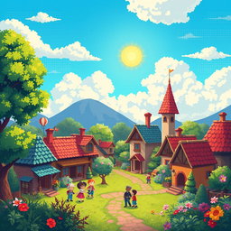 A vibrant pixel art scene featuring a whimsical fantasy village