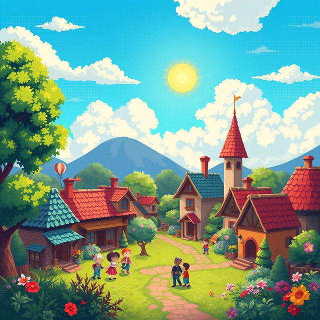 A vibrant pixel art scene featuring a whimsical fantasy village