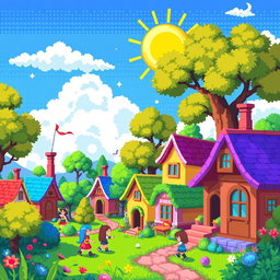 A vibrant pixel art scene featuring a whimsical fantasy village