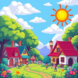 A vibrant pixel art scene featuring a whimsical fantasy village