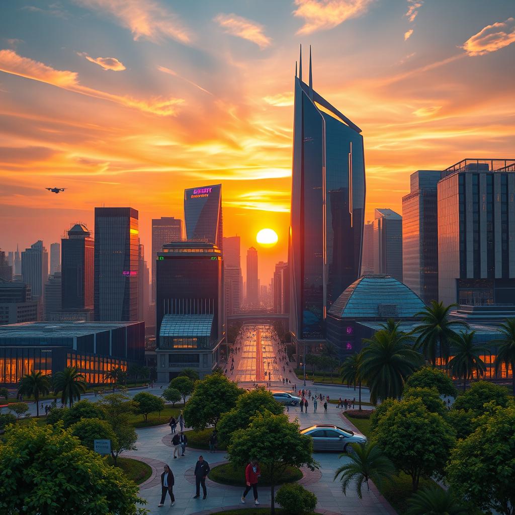 A beautiful, ethereal modern cityscape at sunset, featuring stunning futuristic skyscrapers made of glass and steel, with a vibrant array of colorful lights reflecting off the surfaces