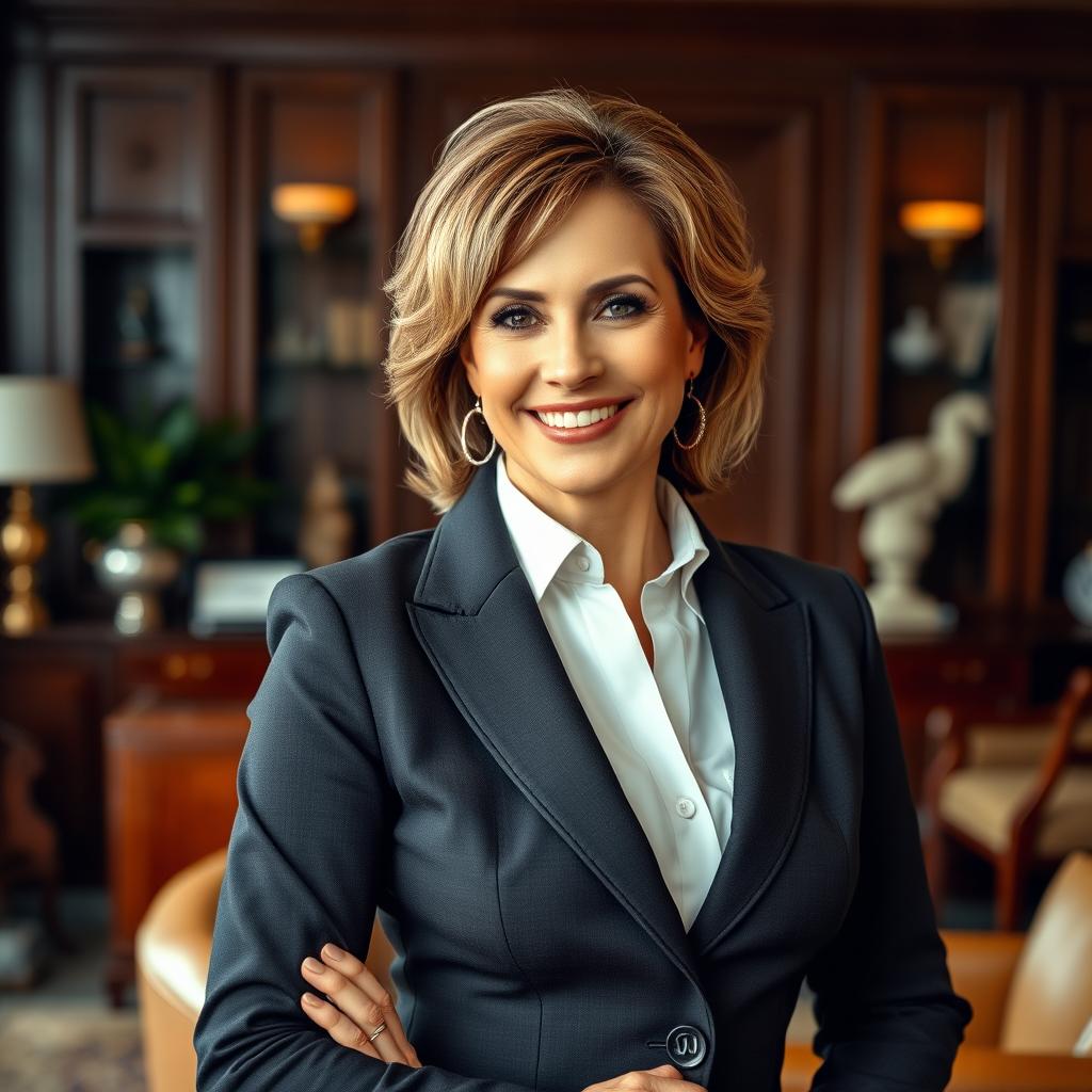 A confident and charismatic mature woman, showcasing her powerful presence, dressed in an elegant and professional outfit