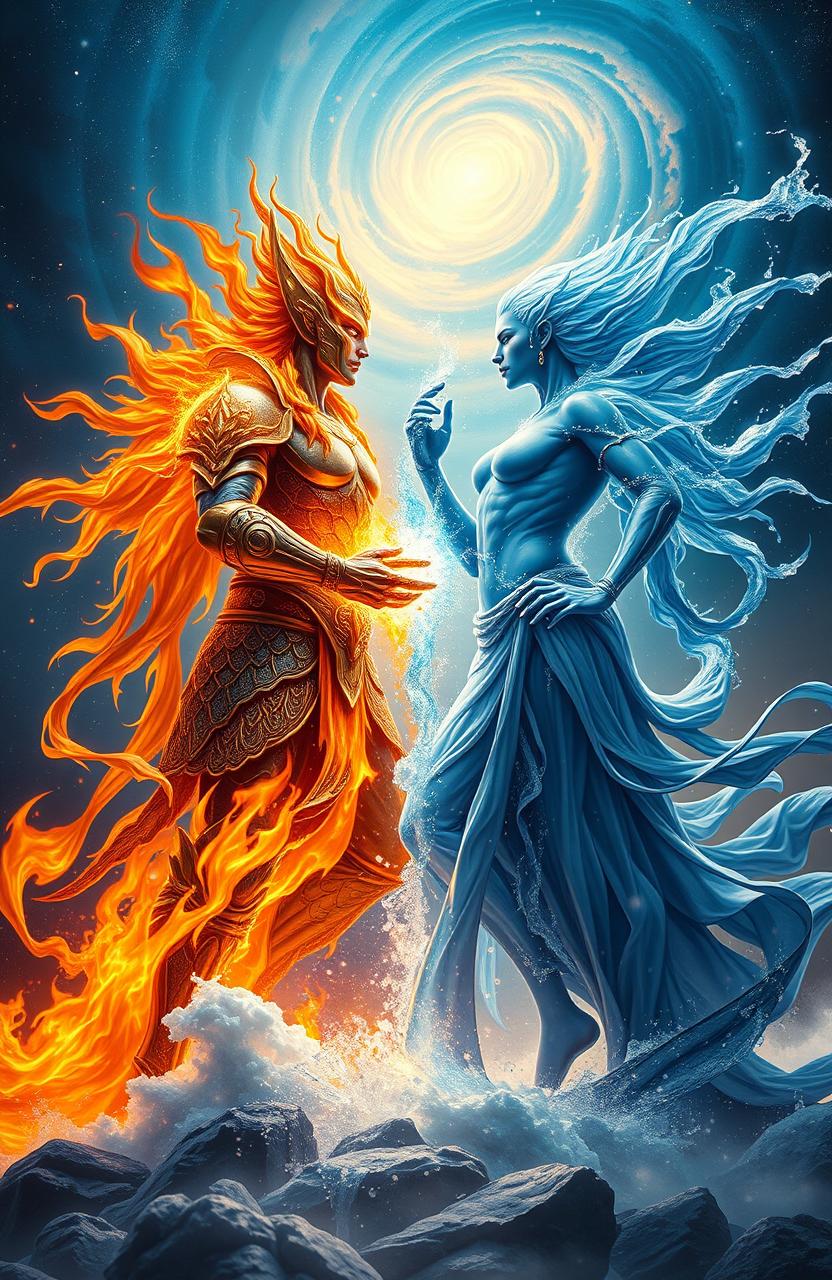 A breathtaking scene depicting two divine rivals, each representing contrasting celestial elements: one embodying fire and the other water