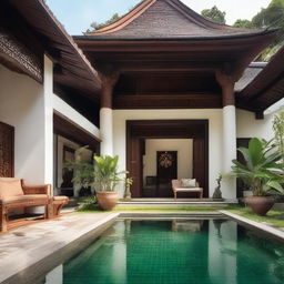 A minimalist Javanese royal-style house with intricate details and traditional elements, set in a tranquil environment