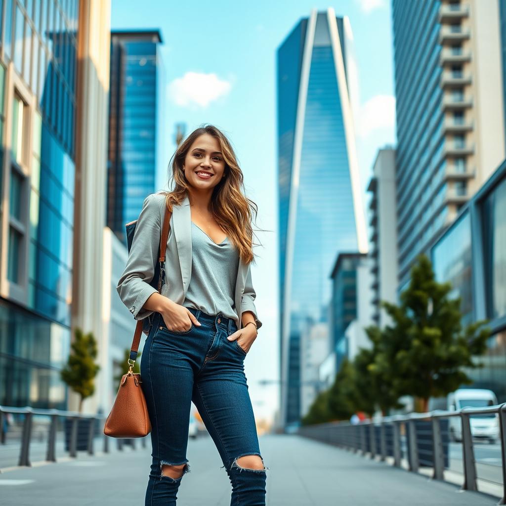 A beautifully composed photograph featuring a stylish young woman in a modern urban setting