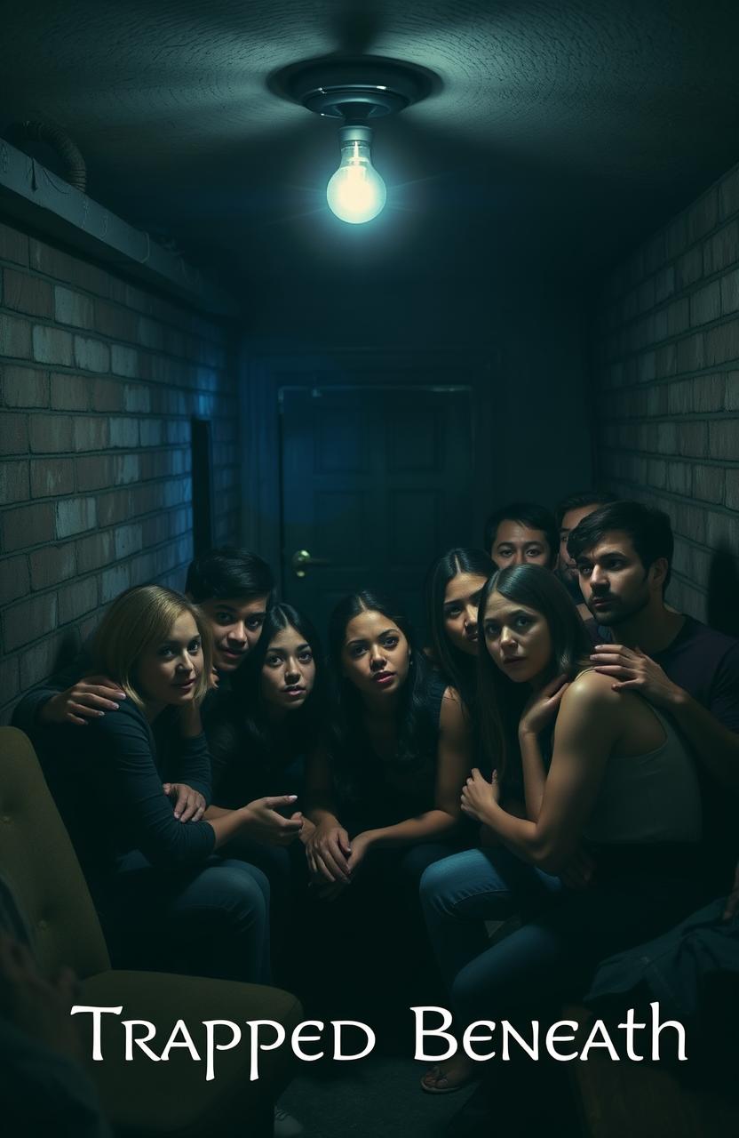 A dimly lit basement atmosphere where groups of friends are huddled together, showing expressions of concern and determination