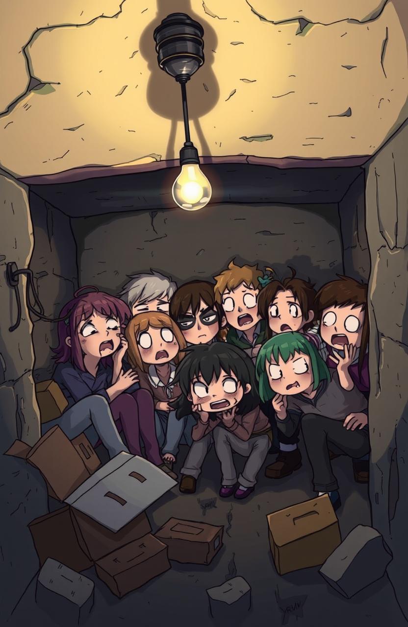 A cartoon or anime-style illustration titled 'Trapped Beneath', depicting a dimly lit basement filled with groups of friends