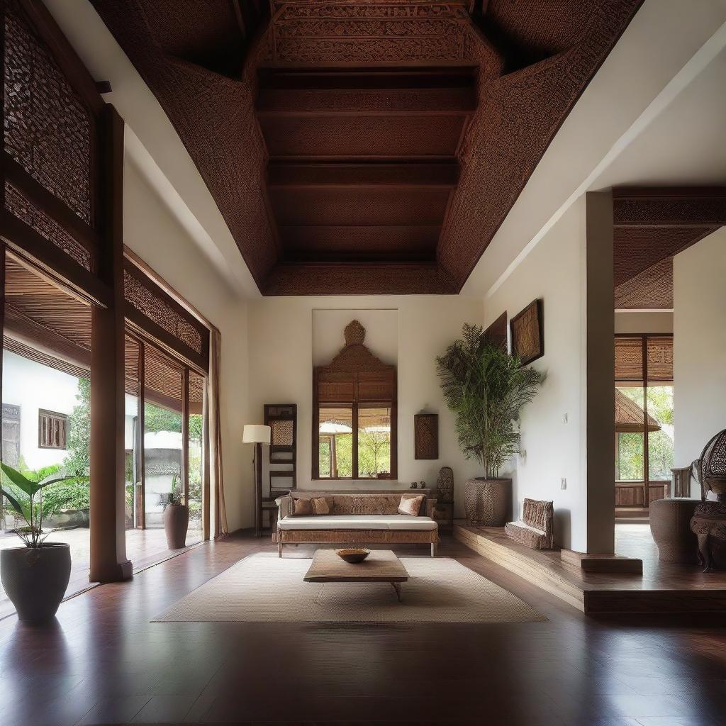 A minimalist Javanese royal-style house with intricate details and traditional elements, set in a tranquil environment