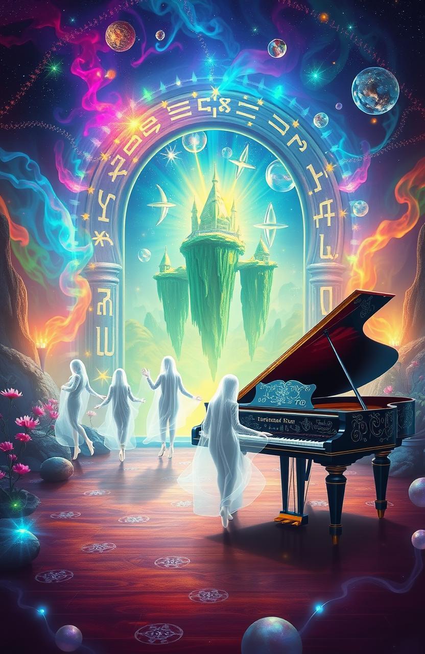 A fantasy scene depicting a mystical portal leading to another dimension, surrounded by vibrant colors and swirling galaxies