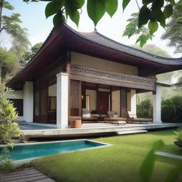 A minimalist Javanese royal-style house with intricate details and traditional elements, set in a tranquil environment