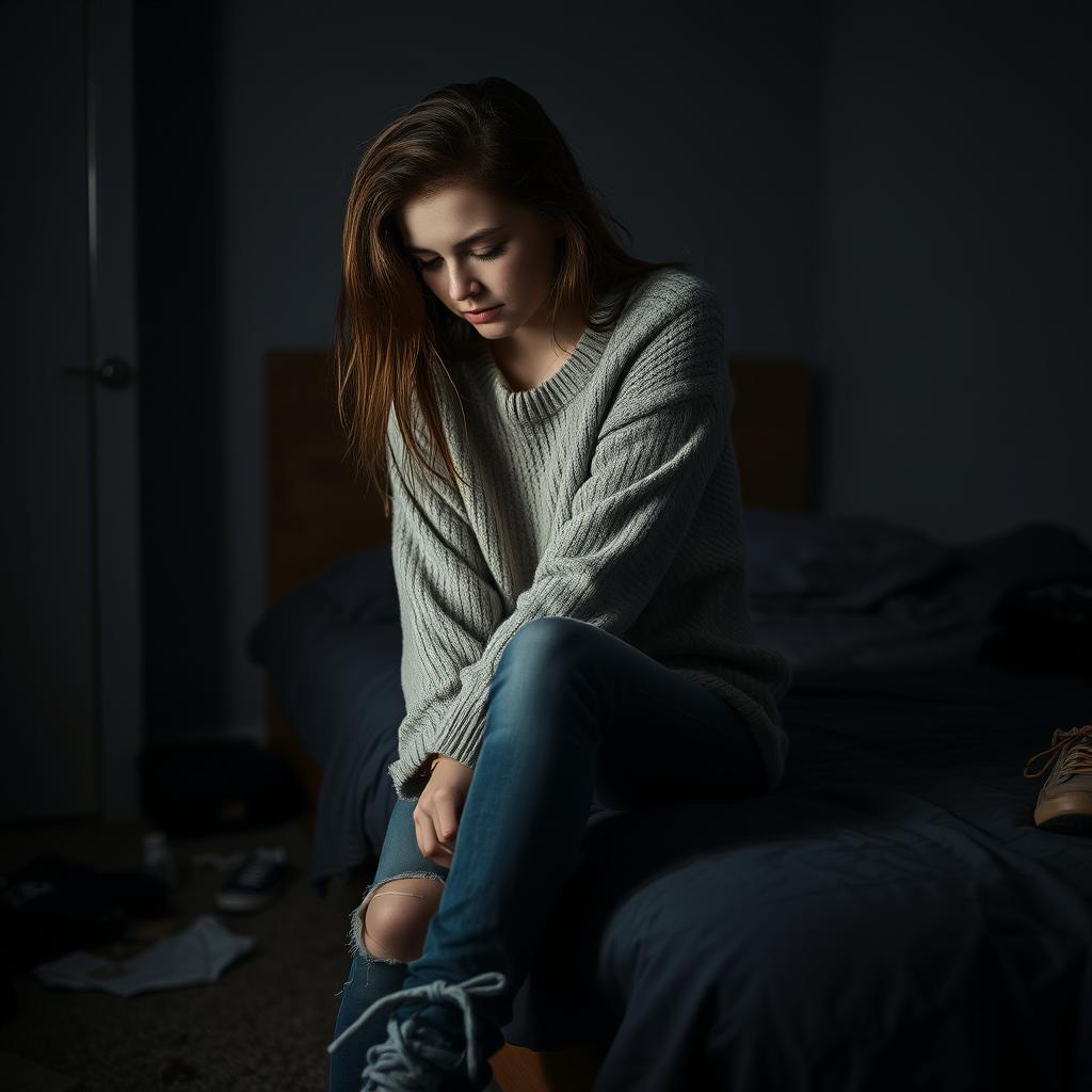 A poignant depiction of a young woman sitting alone on the edge of her bed, her expression revealing deep sorrow and introspection