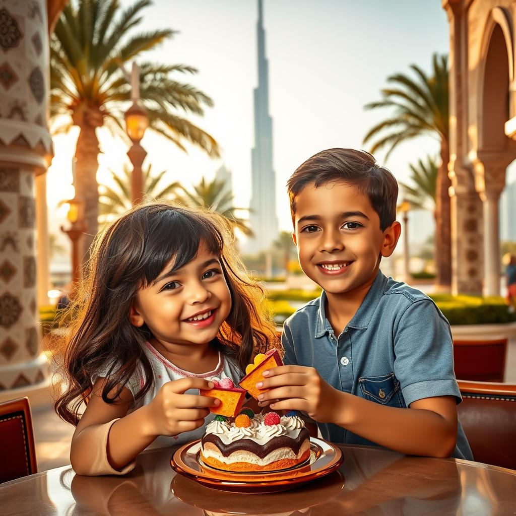 A captivating scene of a charming boy and girl enjoying a sweet afternoon in the Emirates