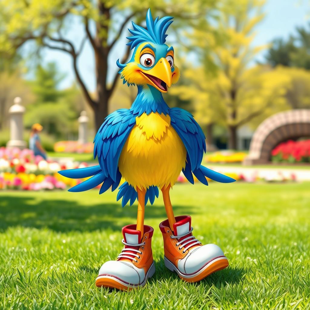 A whimsical, cartoonish bird standing proudly with oversized, comically large legs decked out in stylish shoes