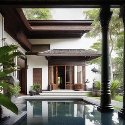 A minimalist Javanese royal-style house with intricate details and traditional elements, set in a tranquil environment