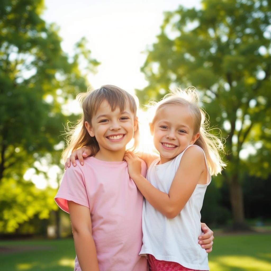 A heartwarming photograph capturing a brother and sister duo sharing a joyful moment together in a scenic outdoor setting