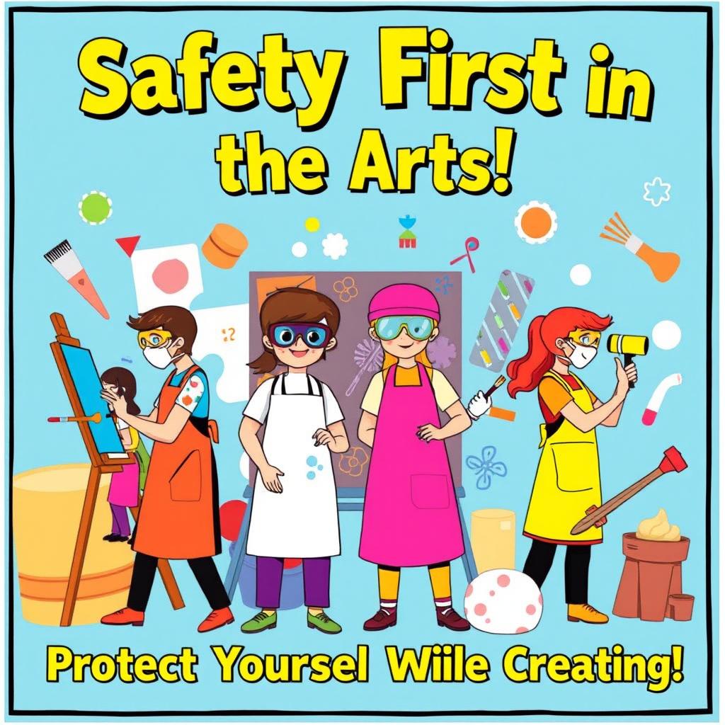 A vibrant and engaging poster promoting safety in the arts, showcasing various artistic mediums such as painting, sculpture, and performance