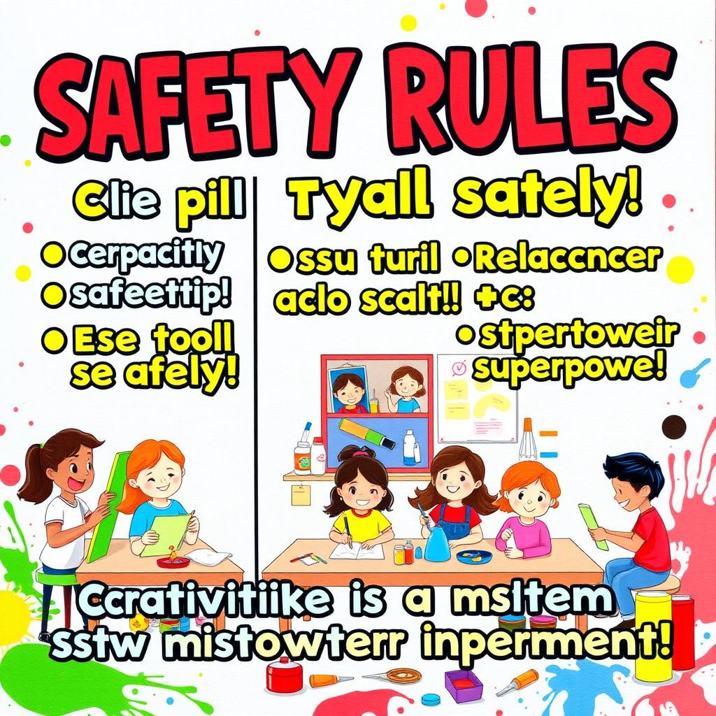 A colorful and vibrant poster promoting safety rules and a positive attitude during an arts lesson