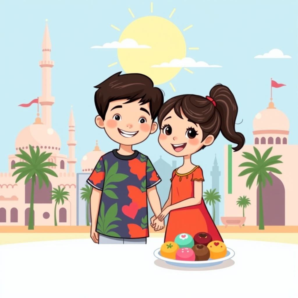 An adorable clipart illustration depicting a boy and girl in a sweet moment in the Emirates