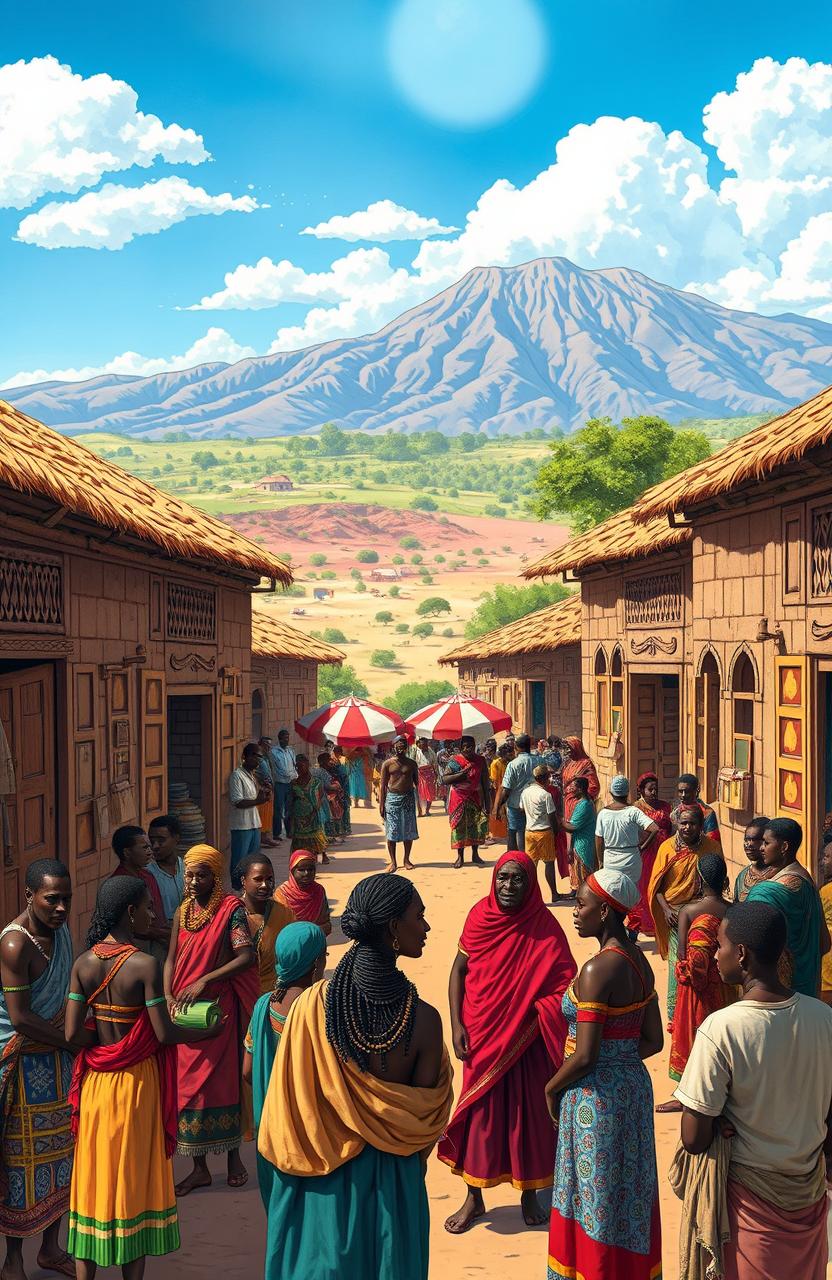 A detailed and vibrant illustration depicting ancient Kenya's rich cultural heritage and its connections to the world