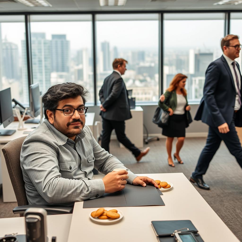 In an office setting, Reza Jafari is enjoying tea with biscuits at his desk